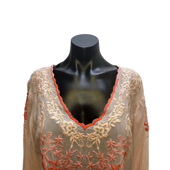 Johnny Was Sheer Pink Tunic Blouse w/Coral & Pink Embroidered Floral Design Size - Picture 3 of 8